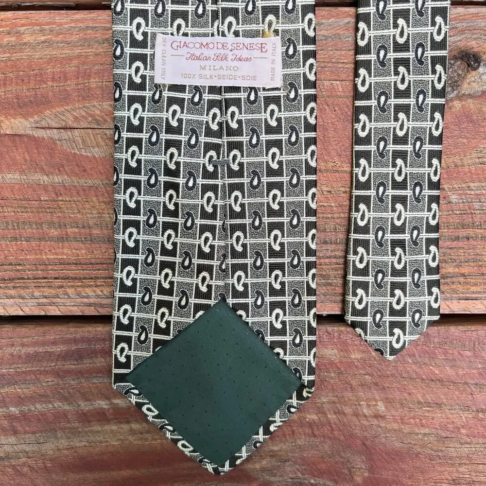 Vintage 90s Giacomo de Senese 100% Silk Tie Italian Sage Green Paisley 3.75”